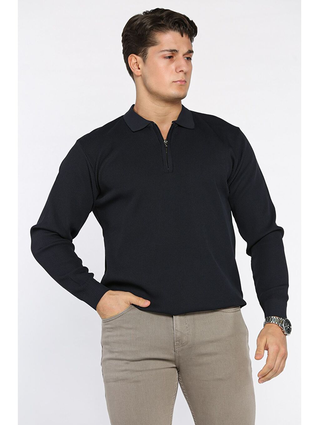 Lacivert Erkek Polo Yaka Çizgi Desenli Yarım Fermuarlı Triko Kazak-1