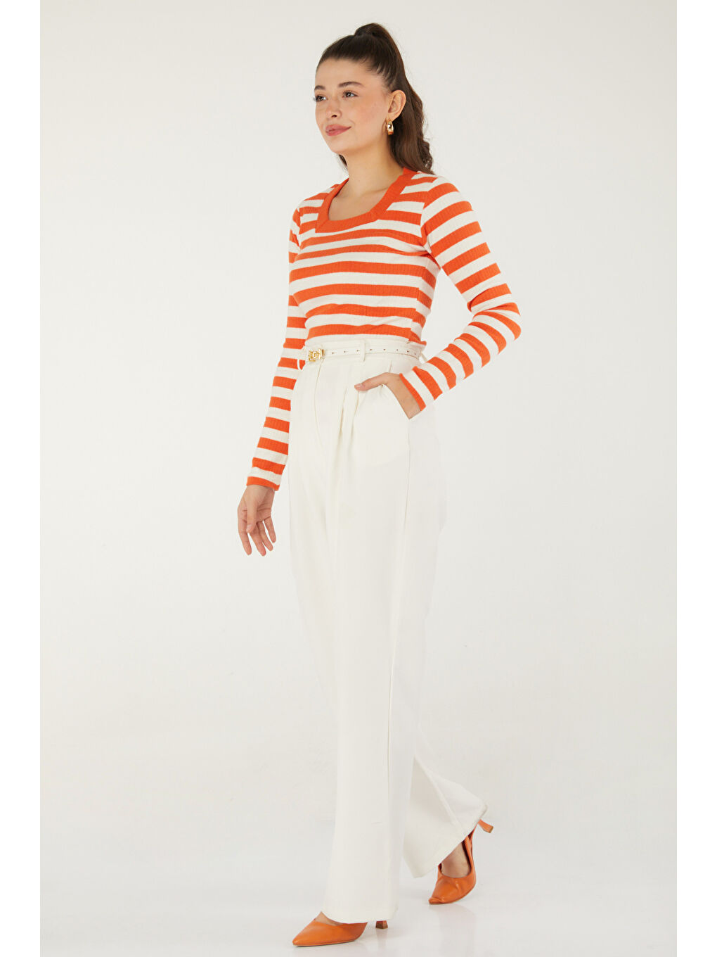 Çizgili Bluz Turuncu - 26523-4