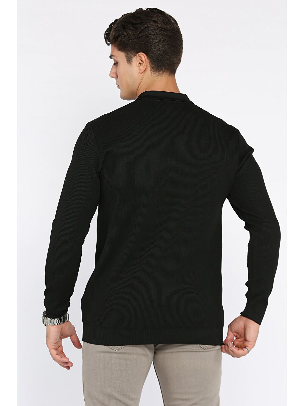 Siyah Erkek Polo Yaka Çizgi Desenli Yarım Fermuarlı Triko Kazak-2