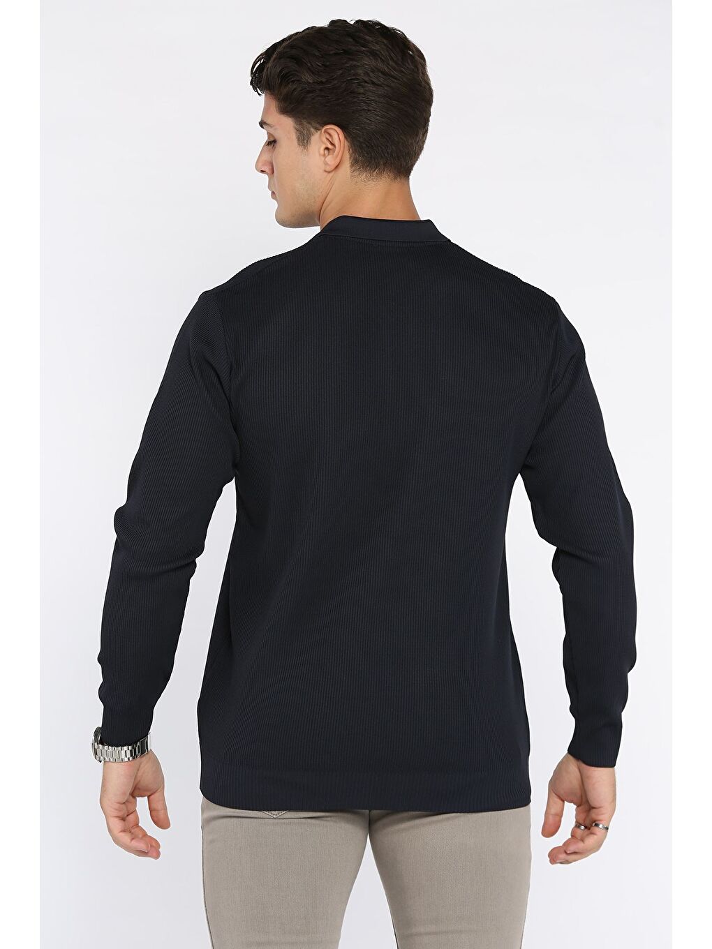 Lacivert Erkek Polo Yaka Çizgi Desenli Yarım Fermuarlı Triko Kazak-2