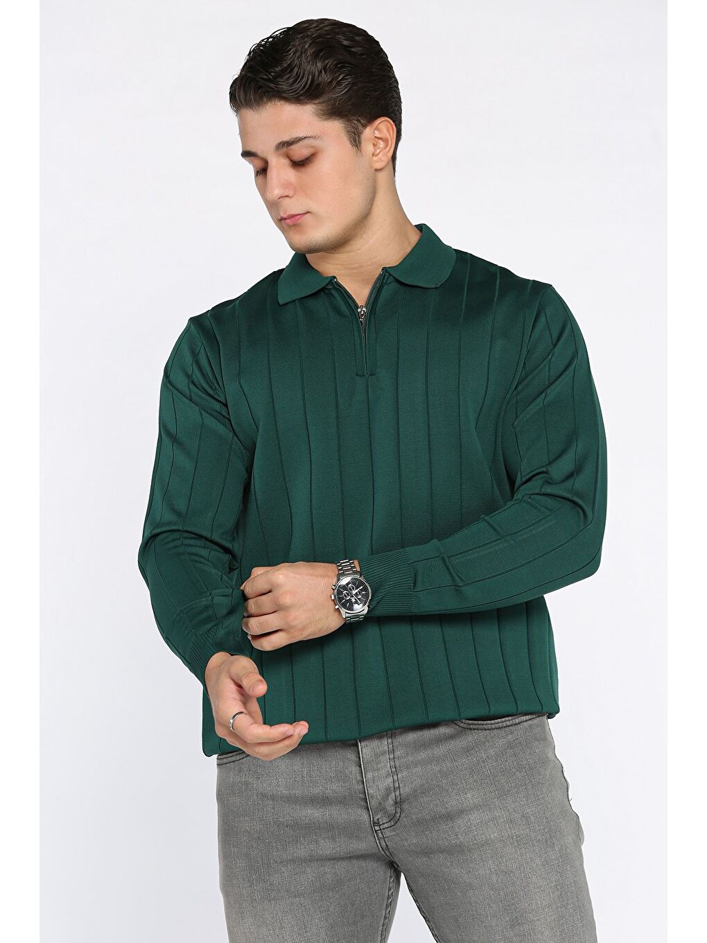 Yeşil Polo Yaka Yarım Fermuarlı Erkek Triko Kazak-1