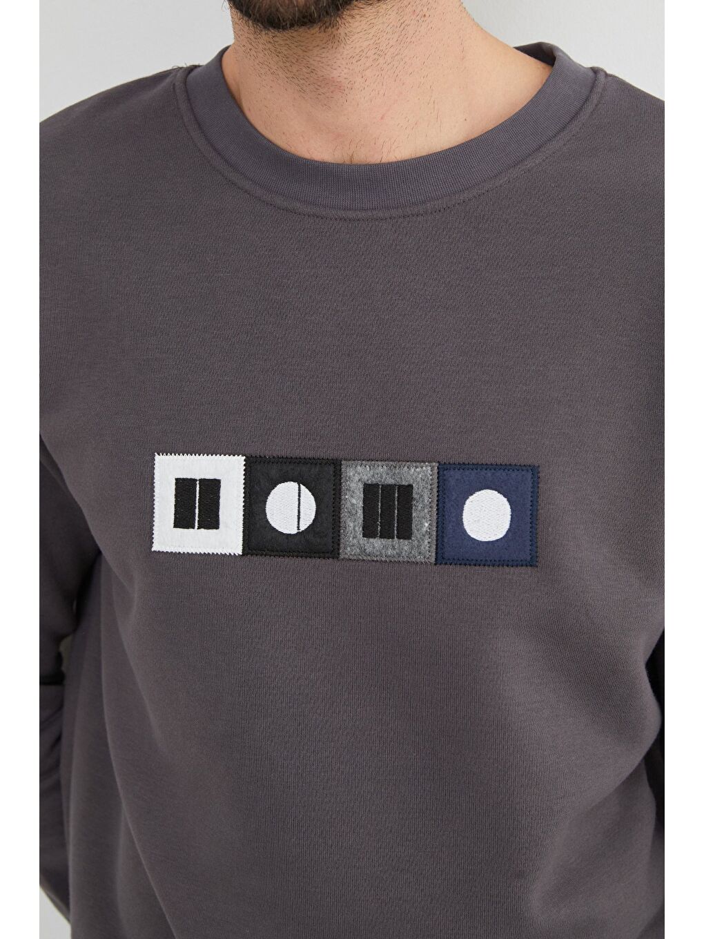 Antrasit 3 İplik Nakışlı Bisiklet Yaka Sweatshirt-3