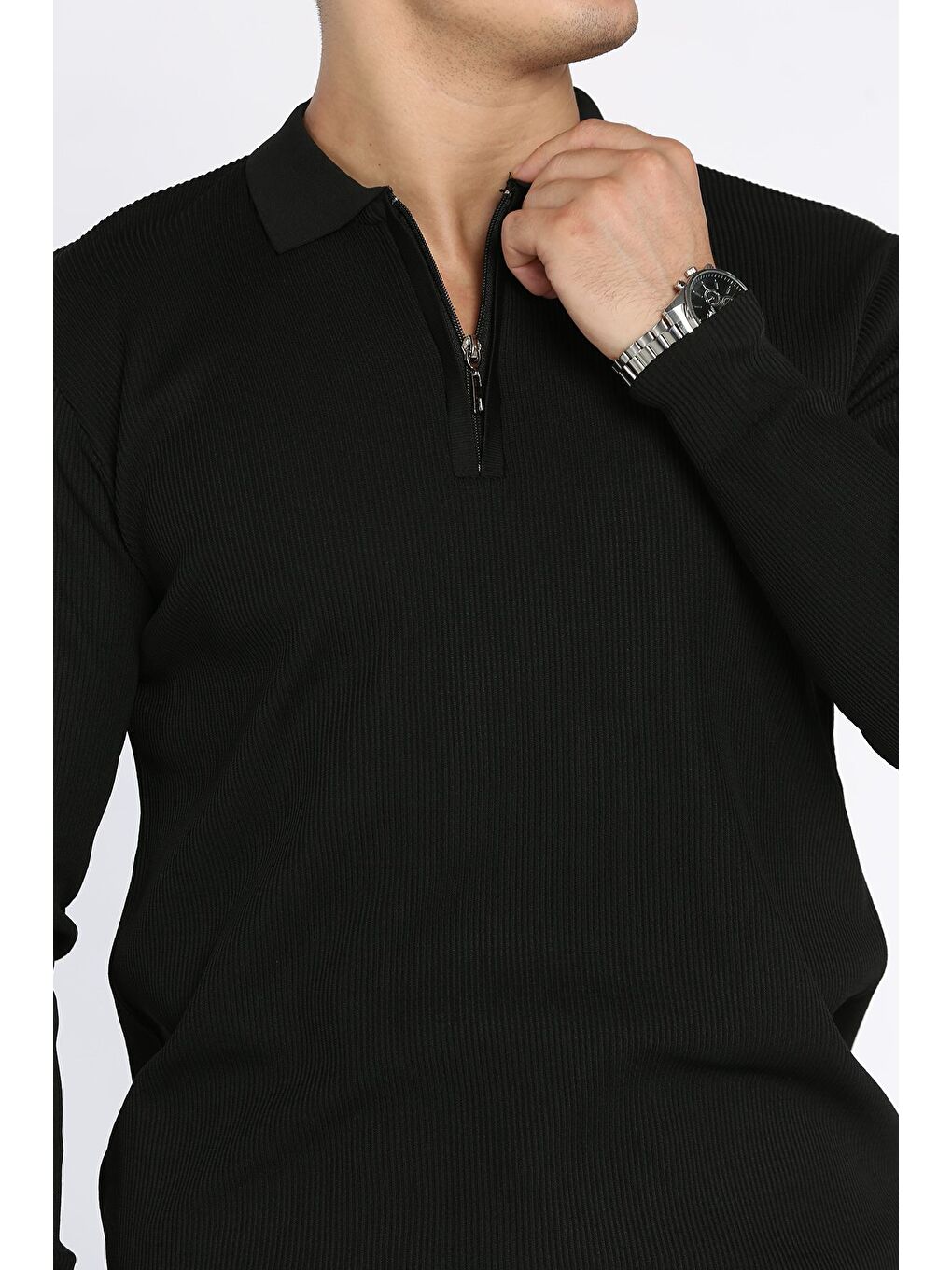 Siyah Erkek Polo Yaka Çizgi Desenli Yarım Fermuarlı Triko Kazak-3