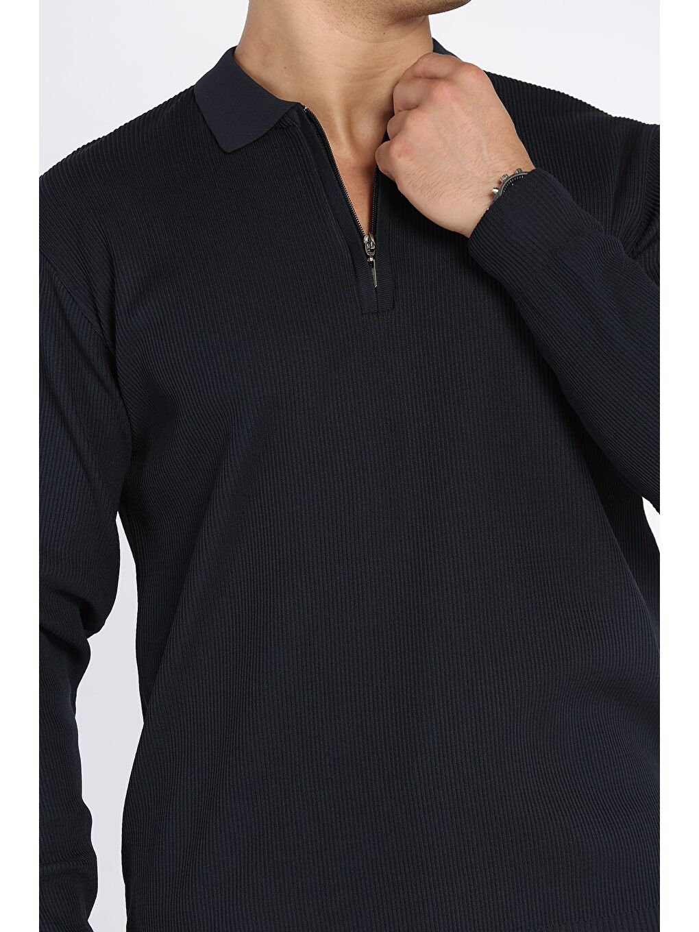 Lacivert Erkek Polo Yaka Çizgi Desenli Yarım Fermuarlı Triko Kazak-3