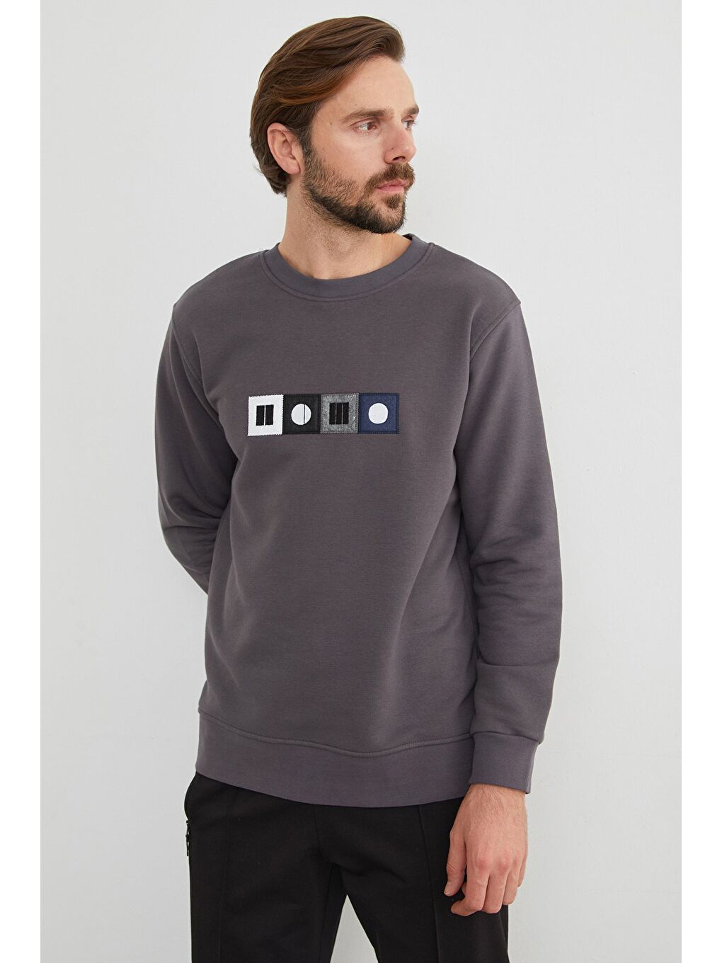 Antrasit 3 İplik Nakışlı Bisiklet Yaka Sweatshirt-4