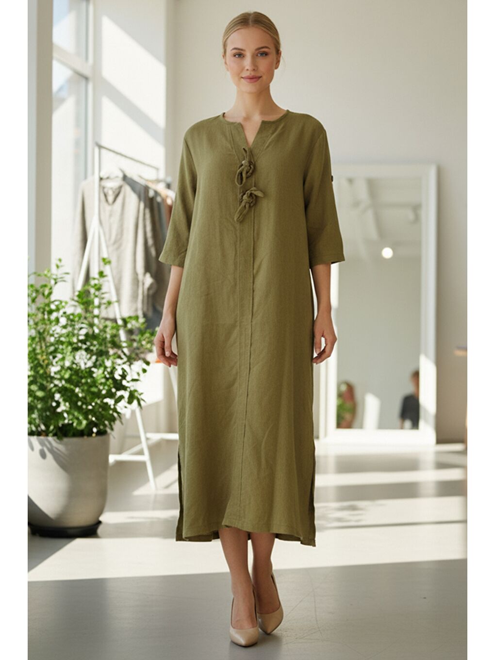 Sarı İtalyan Hardal Rengi Düğmeli 3/4 Kol Yırtmaçlı İnce Fitilli Kadife Uzun Dokuma Elbise 120 55