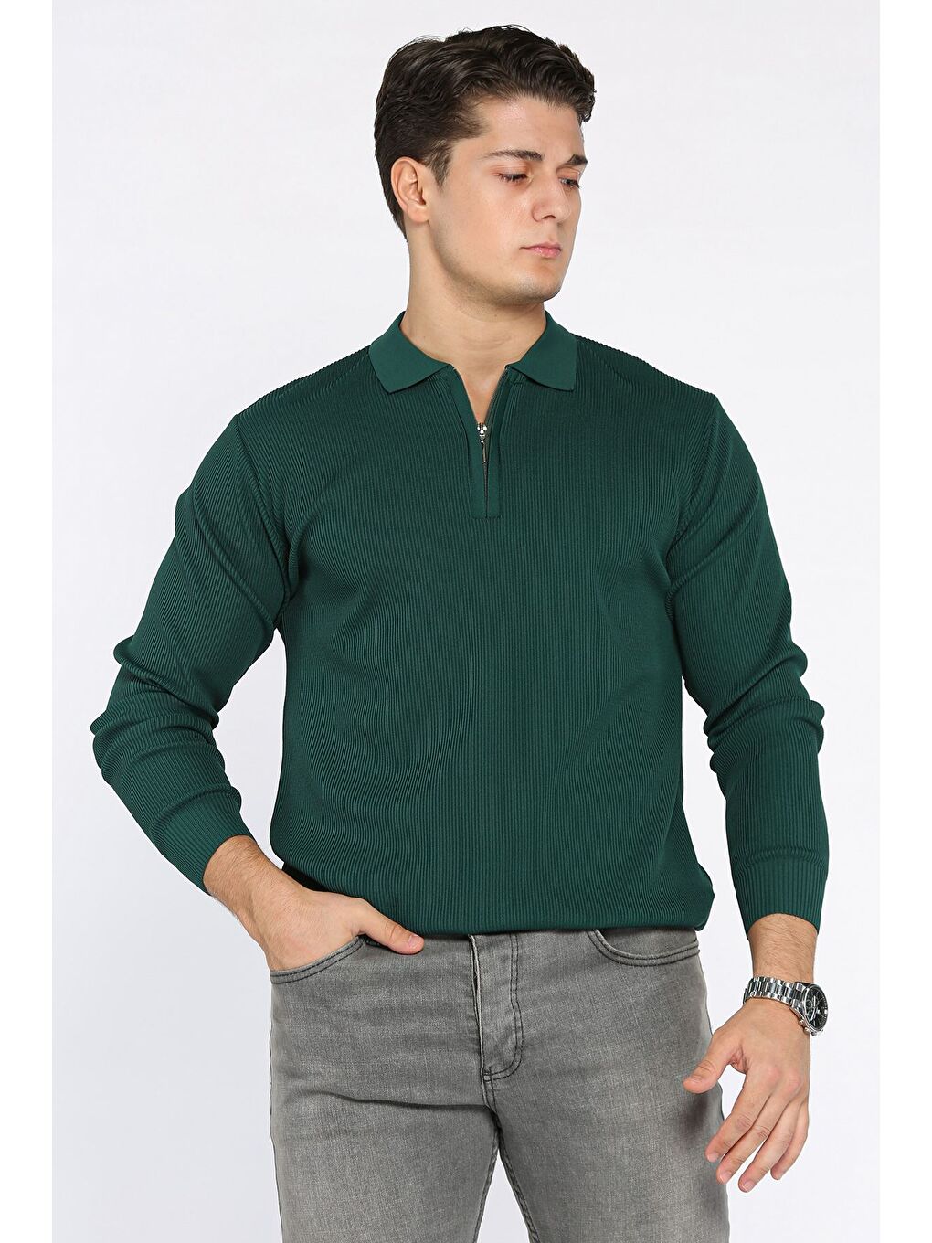 Yeşil Erkek Polo Yaka Çizgi Desenli Yarım Fermuarlı Triko Kazak-1