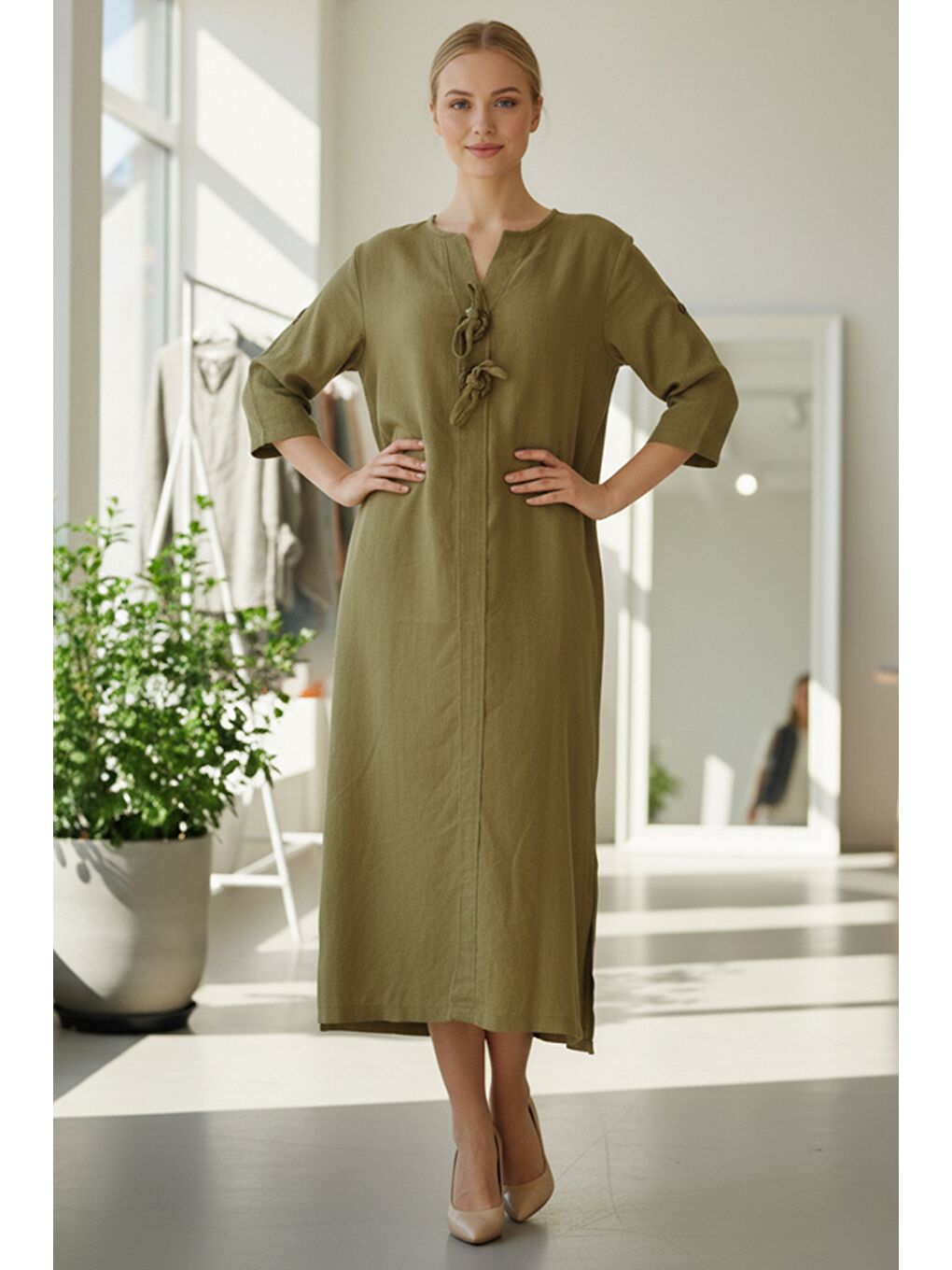 Sarı İtalyan Hardal Rengi Düğmeli 3/4 Kol Yırtmaçlı İnce Fitilli Kadife Uzun Dokuma Elbise 120 55-1