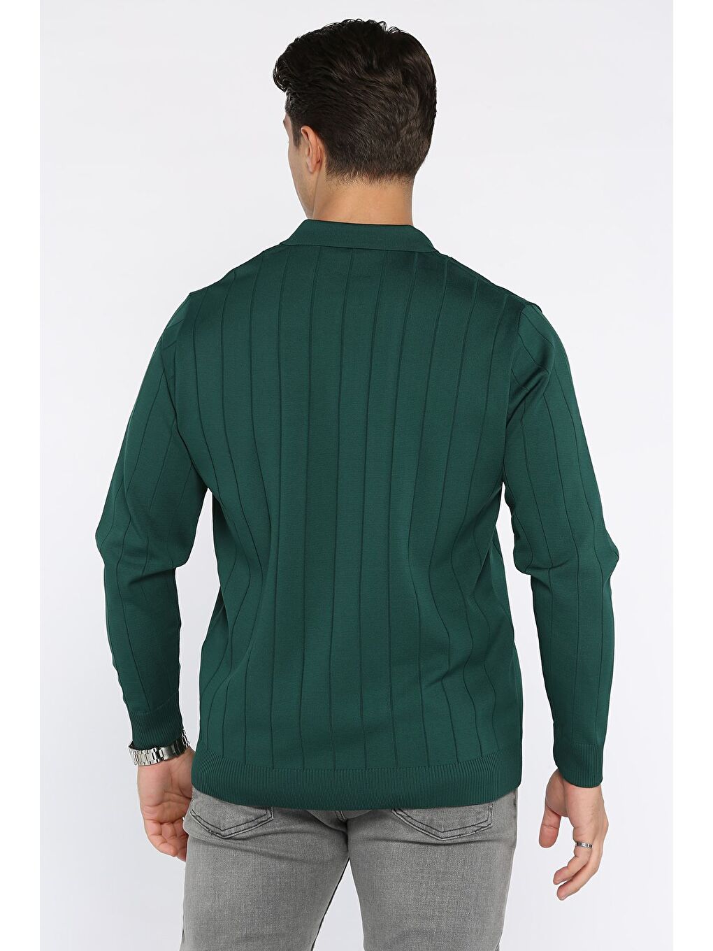 Yeşil Polo Yaka Yarım Fermuarlı Erkek Triko Kazak-2