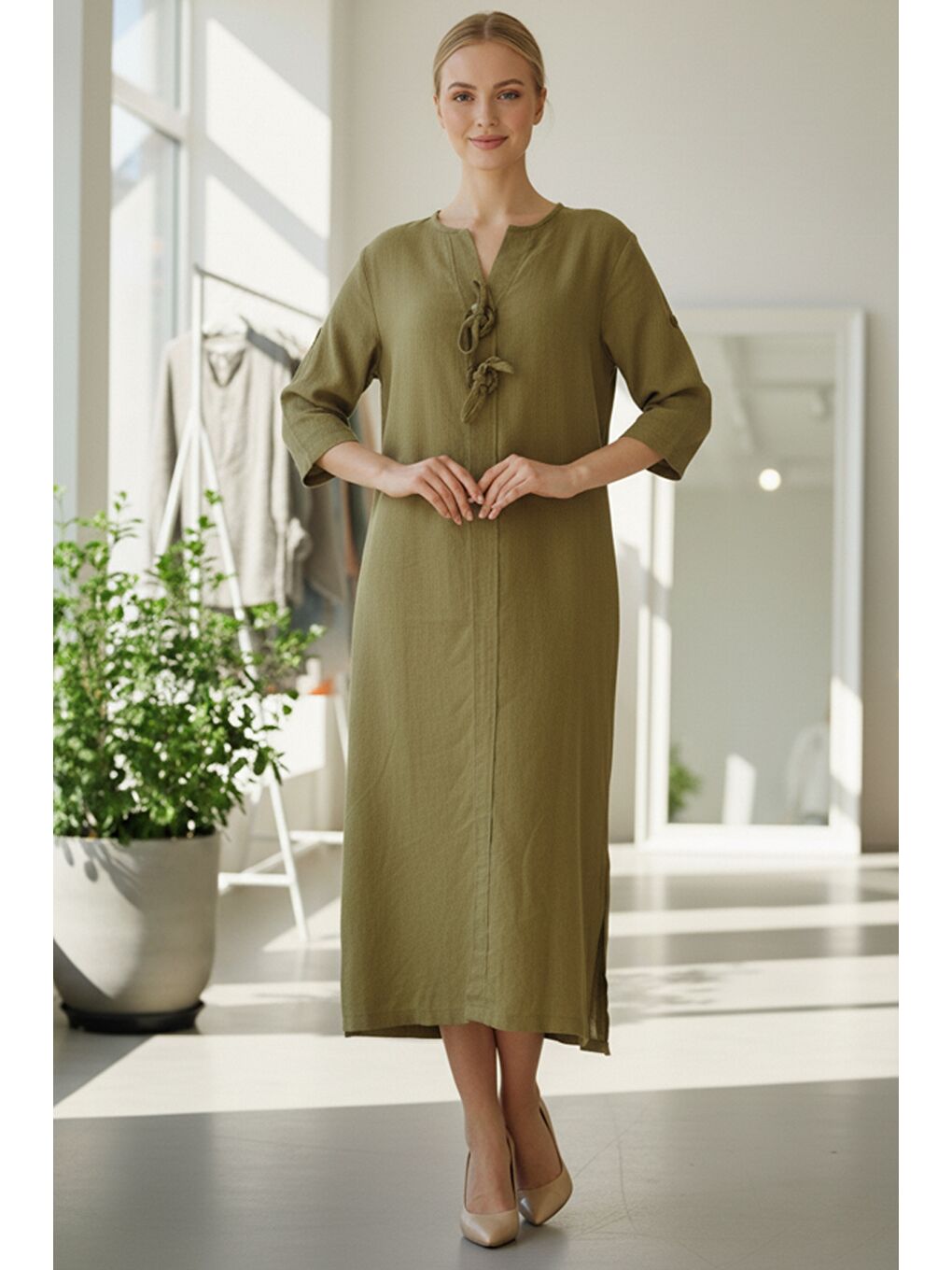 Sarı İtalyan Hardal Rengi Düğmeli 3/4 Kol Yırtmaçlı İnce Fitilli Kadife Uzun Dokuma Elbise 120 55-2