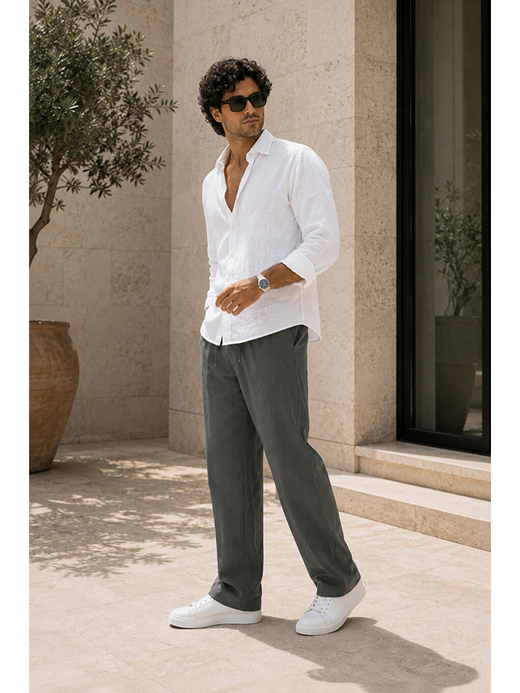 Erkek Haki Relax Fit Bağcıklı Baggy Pantolon-1