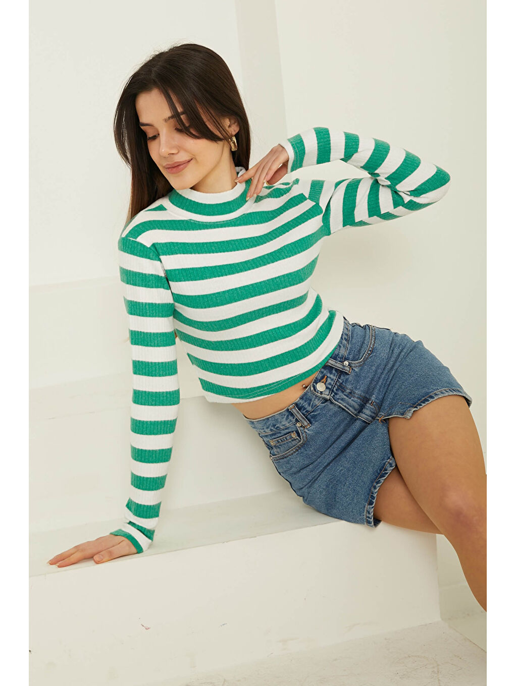 Yeşil Çizgili Crop Bady Yesil - 26772-1