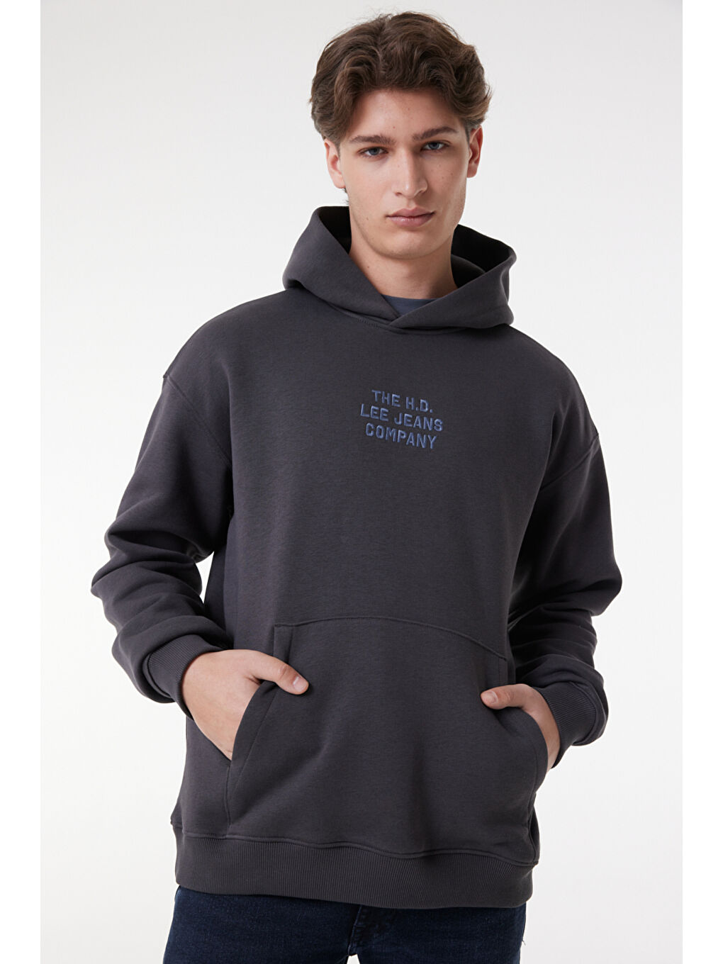 Siyah Relaxed Fit Geniş Kesim Kapüşonlu İçi Polarlı Sırt Baskılı Antrasit Sweatshirt