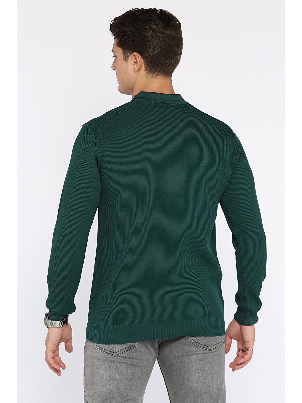 Yeşil Erkek Polo Yaka Çizgi Desenli Yarım Fermuarlı Triko Kazak-2