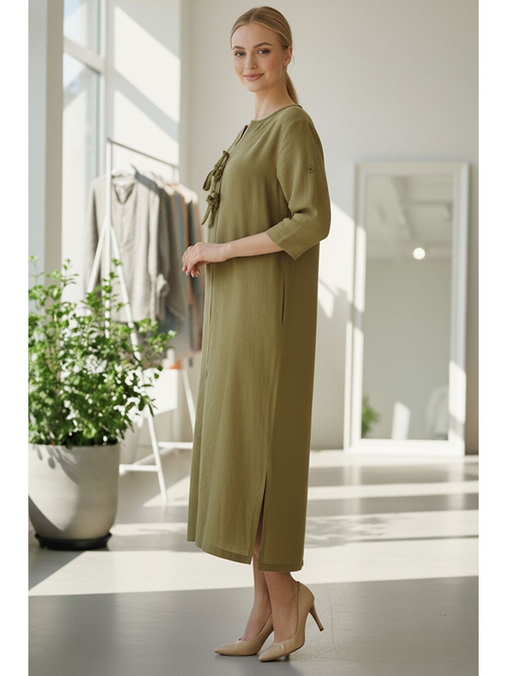 Sarı İtalyan Hardal Rengi Düğmeli 3/4 Kol Yırtmaçlı İnce Fitilli Kadife Uzun Dokuma Elbise 120 55-3