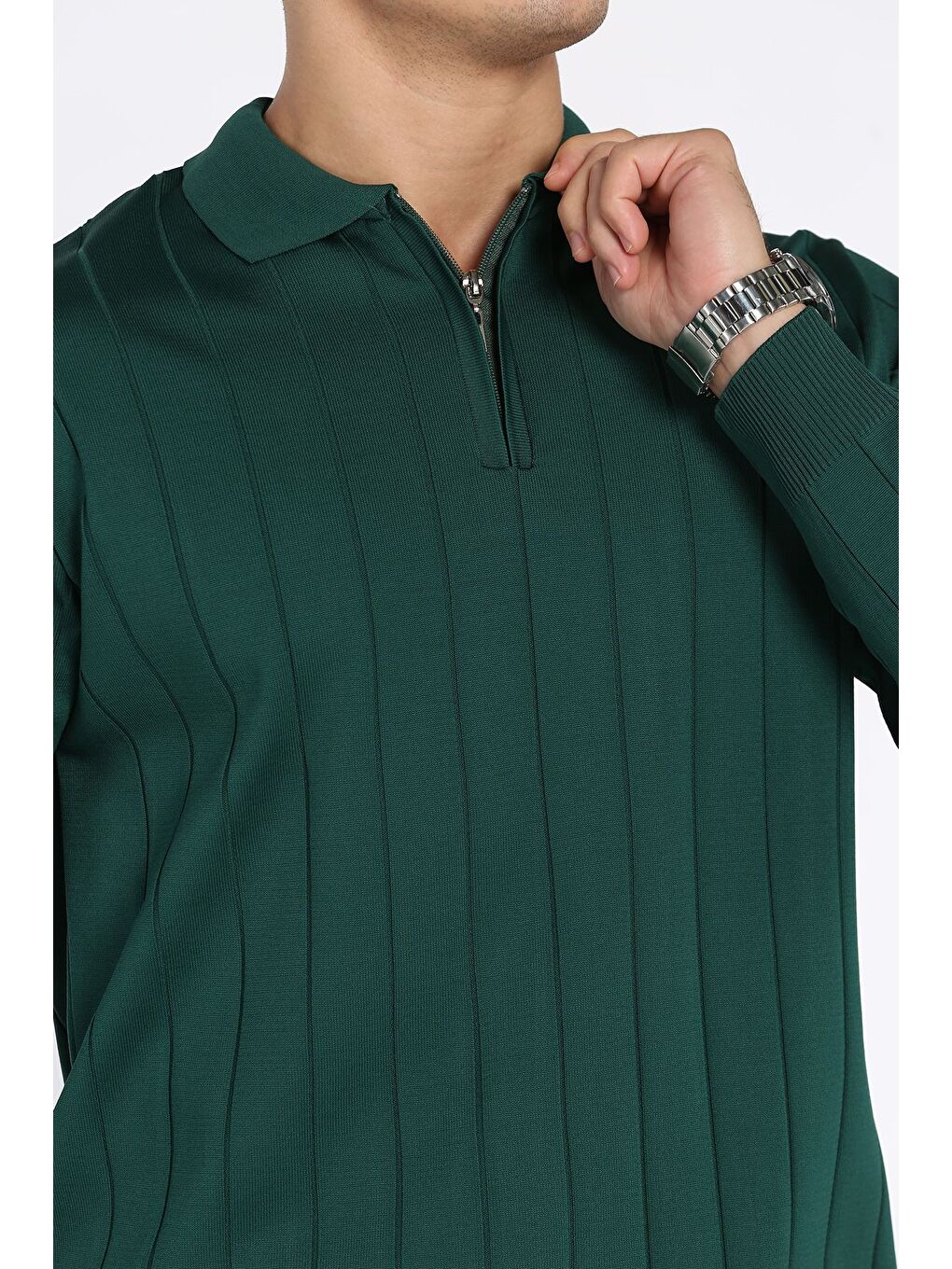 Yeşil Polo Yaka Yarım Fermuarlı Erkek Triko Kazak-3