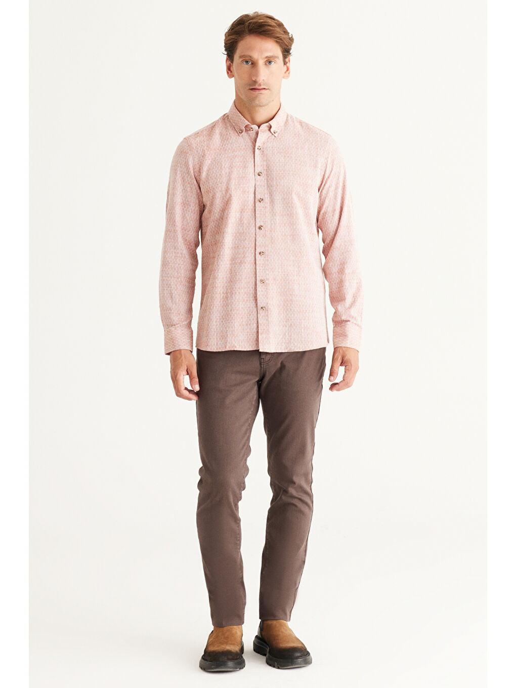 Erkek Kahverengi Slim Fit Dar Kesim %100 Pamuk Armürlü Düğmeli Yaka Casual Gömlek-1