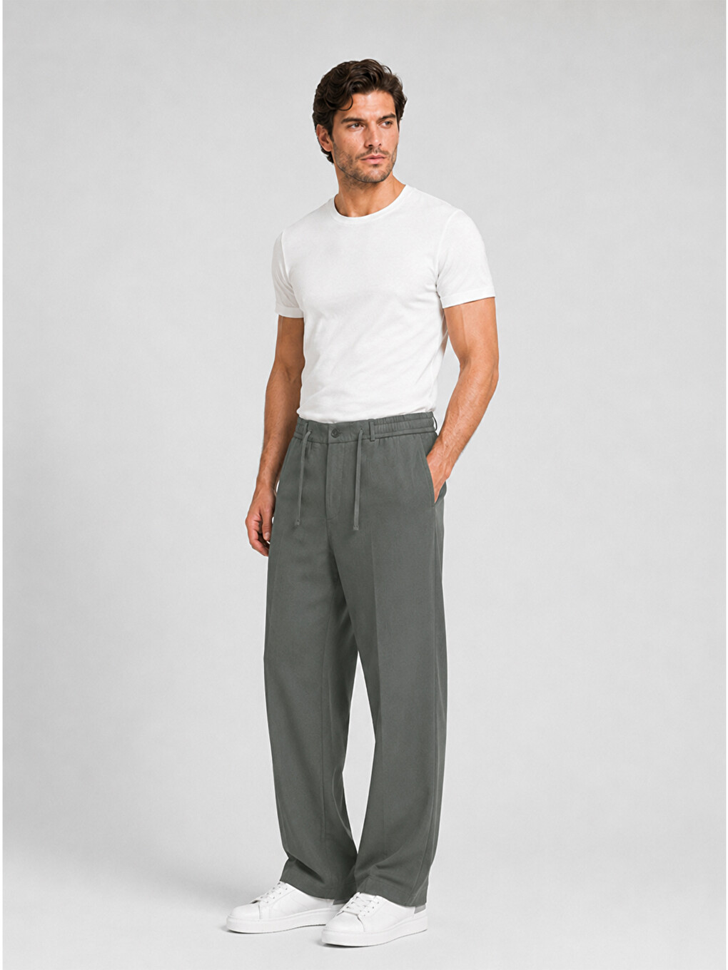 Erkek Haki Relax Fit Bağcıklı Baggy Pantolon-2