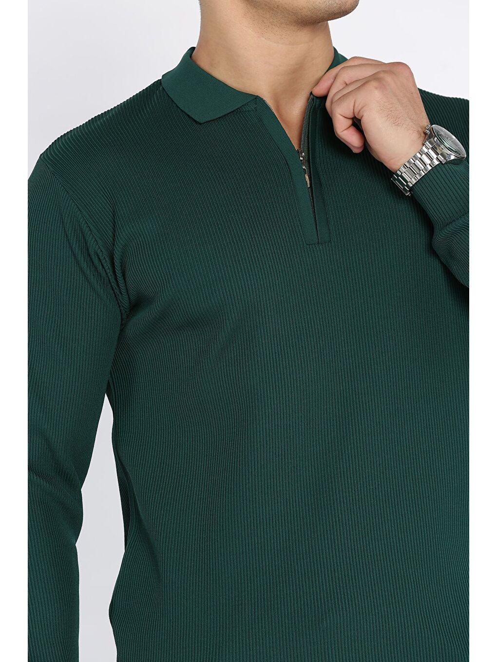 Yeşil Erkek Polo Yaka Çizgi Desenli Yarım Fermuarlı Triko Kazak-3