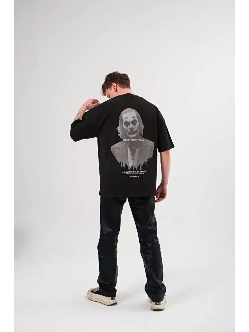 Unisex Bisiklet Yaka Baskılı Oversize T-Shirt - Siyah-1