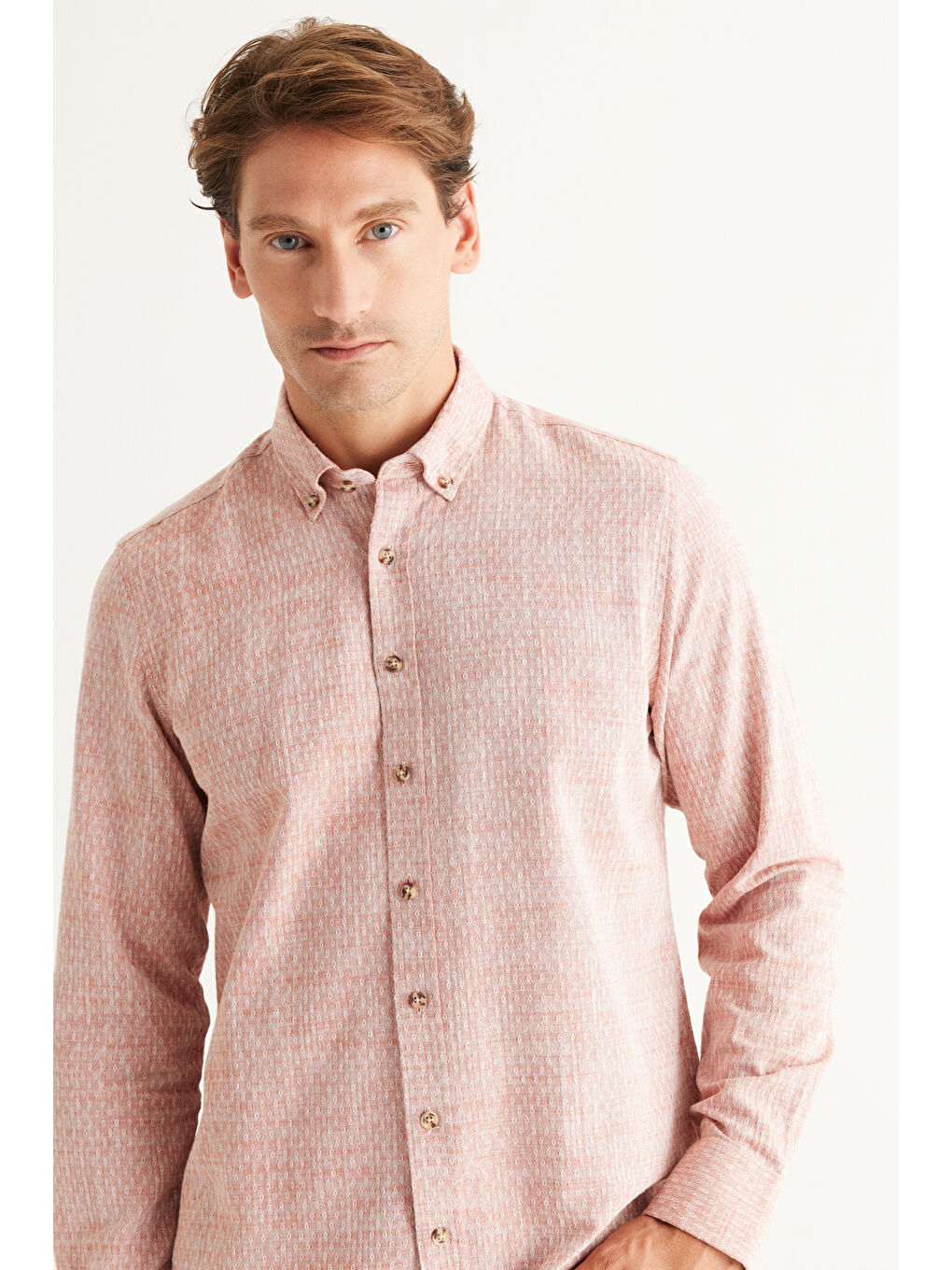 Erkek Kahverengi Slim Fit Dar Kesim %100 Pamuk Armürlü Düğmeli Yaka Casual Gömlek-2