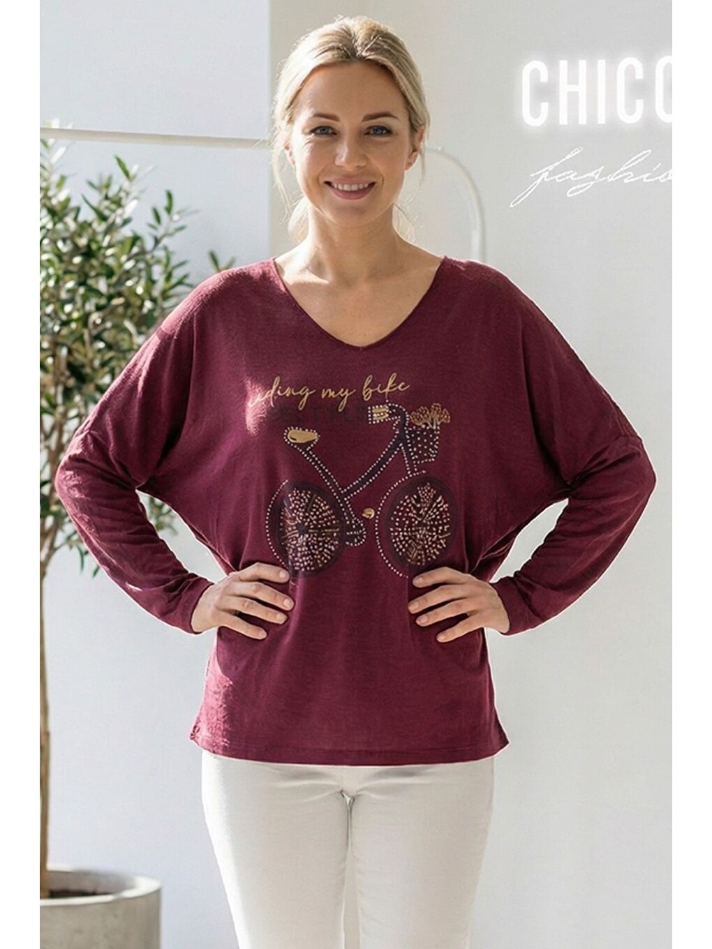 İtalyan Mürdüm Rengi V Yaka Uzun Kol Baskılı Casual Akrilik Oversize Triko Bluz 68 70