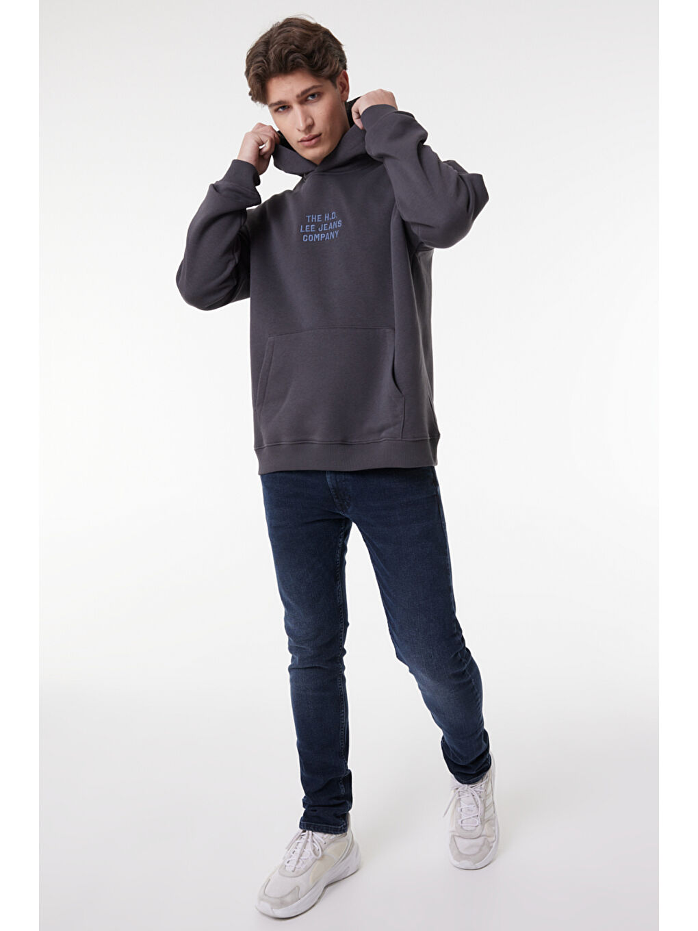 Siyah Relaxed Fit Geniş Kesim Kapüşonlu İçi Polarlı Sırt Baskılı Antrasit Sweatshirt-1