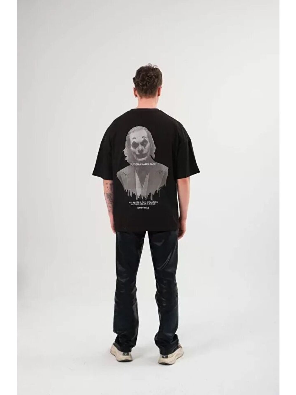 Unisex Bisiklet Yaka Baskılı Oversize T-Shirt - Siyah-2