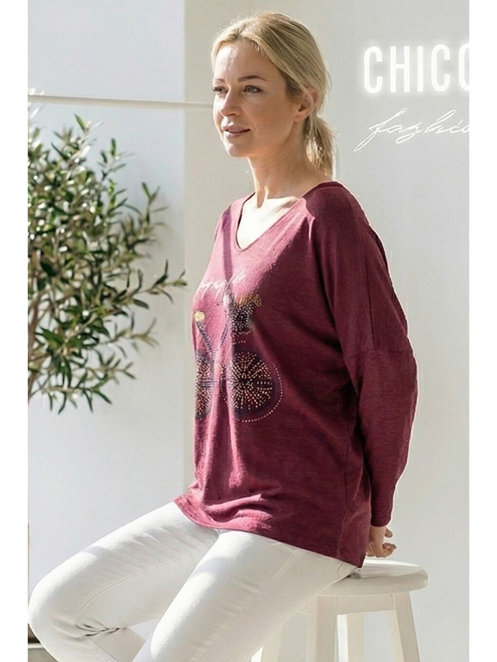 İtalyan Mürdüm Rengi V Yaka Uzun Kol Baskılı Casual Akrilik Oversize Triko Bluz 68 70-1