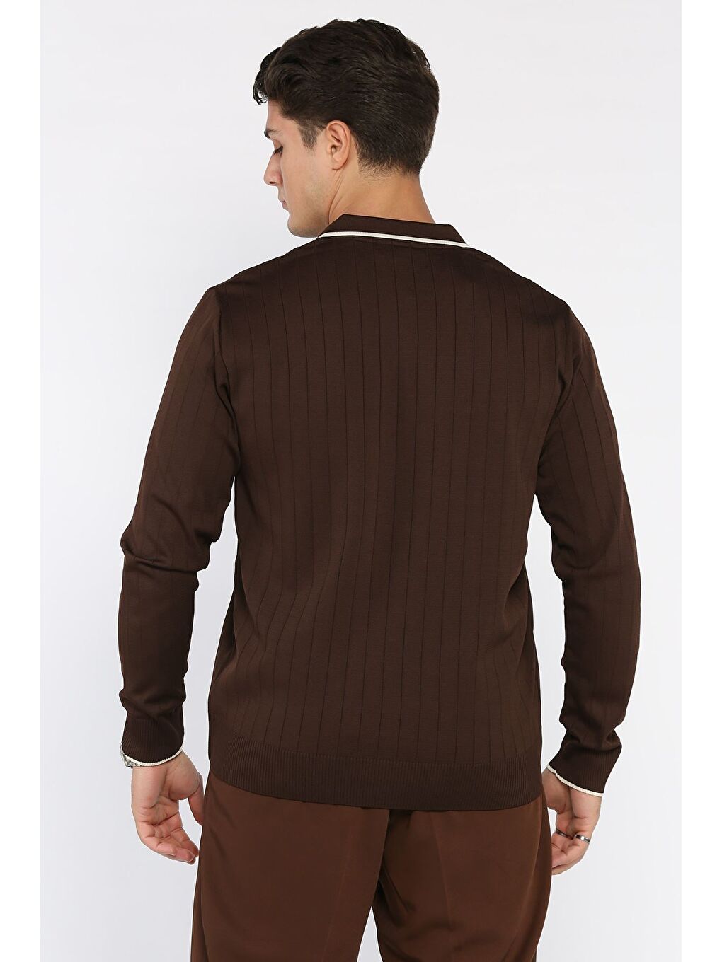 Kahverengi Erkek Polo Yaka Yarım Fermuarlı Çizgi Desenli Triko Kazak-2