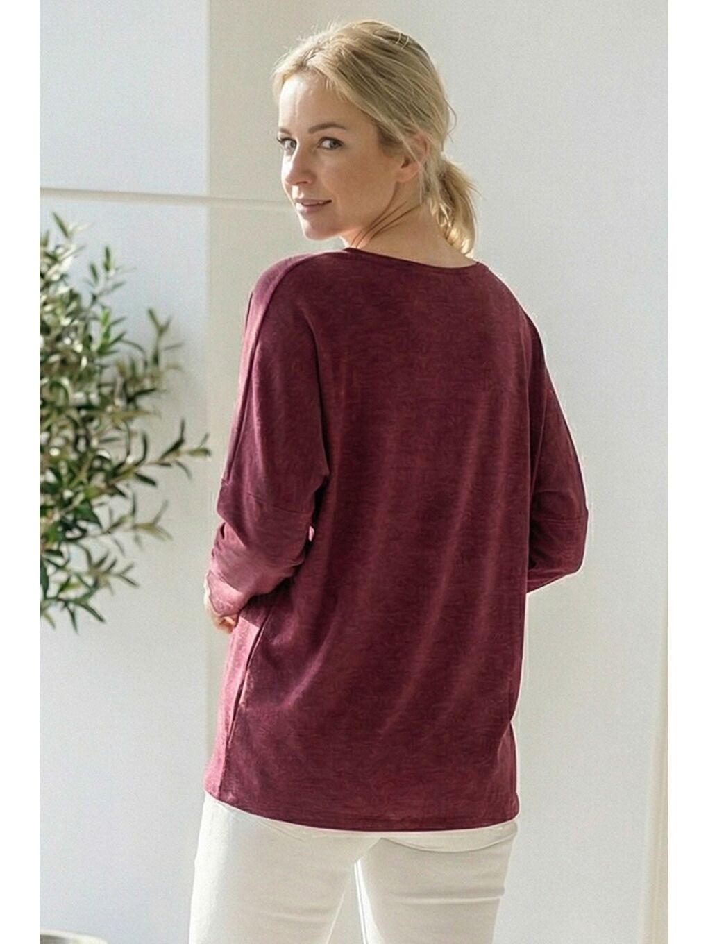 İtalyan Mürdüm Rengi V Yaka Uzun Kol Baskılı Casual Akrilik Oversize Triko Bluz 68 70-2