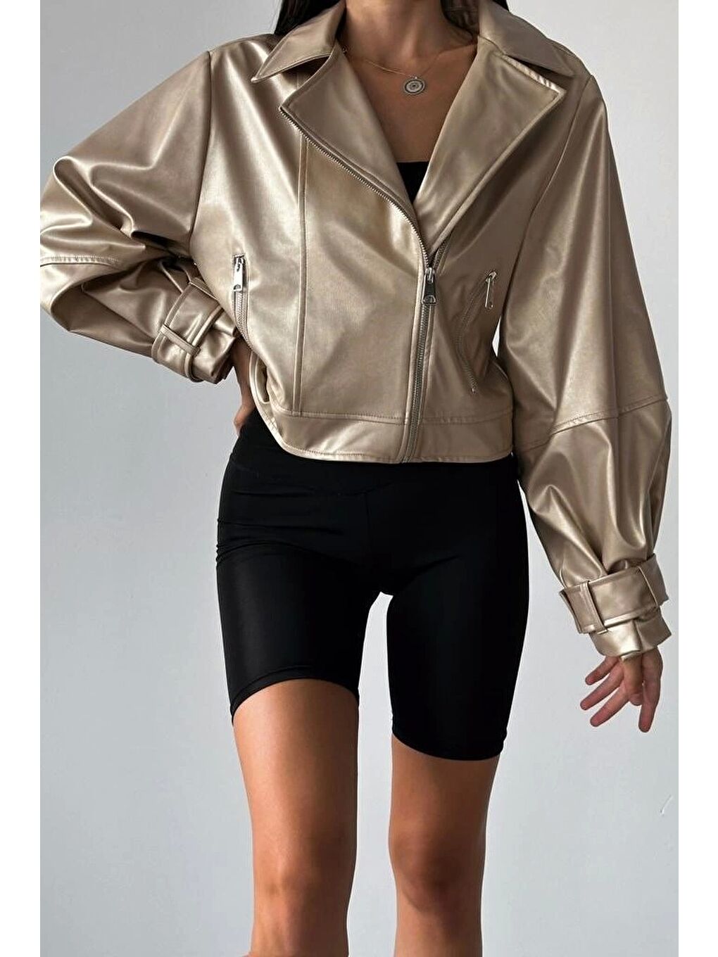 Kadın Bej Oversize Deri Ceket 0991-9999