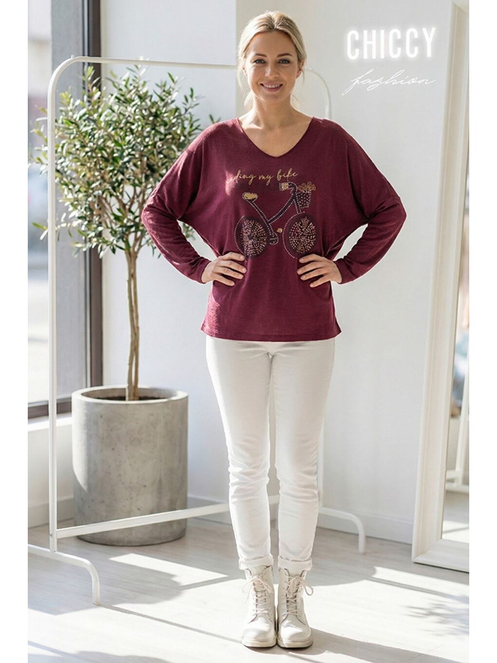 İtalyan Mürdüm Rengi V Yaka Uzun Kol Baskılı Casual Akrilik Oversize Triko Bluz 68 70-3