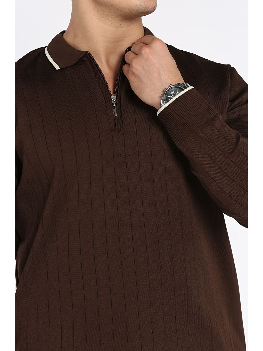 Kahverengi Erkek Polo Yaka Yarım Fermuarlı Çizgi Desenli Triko Kazak-3