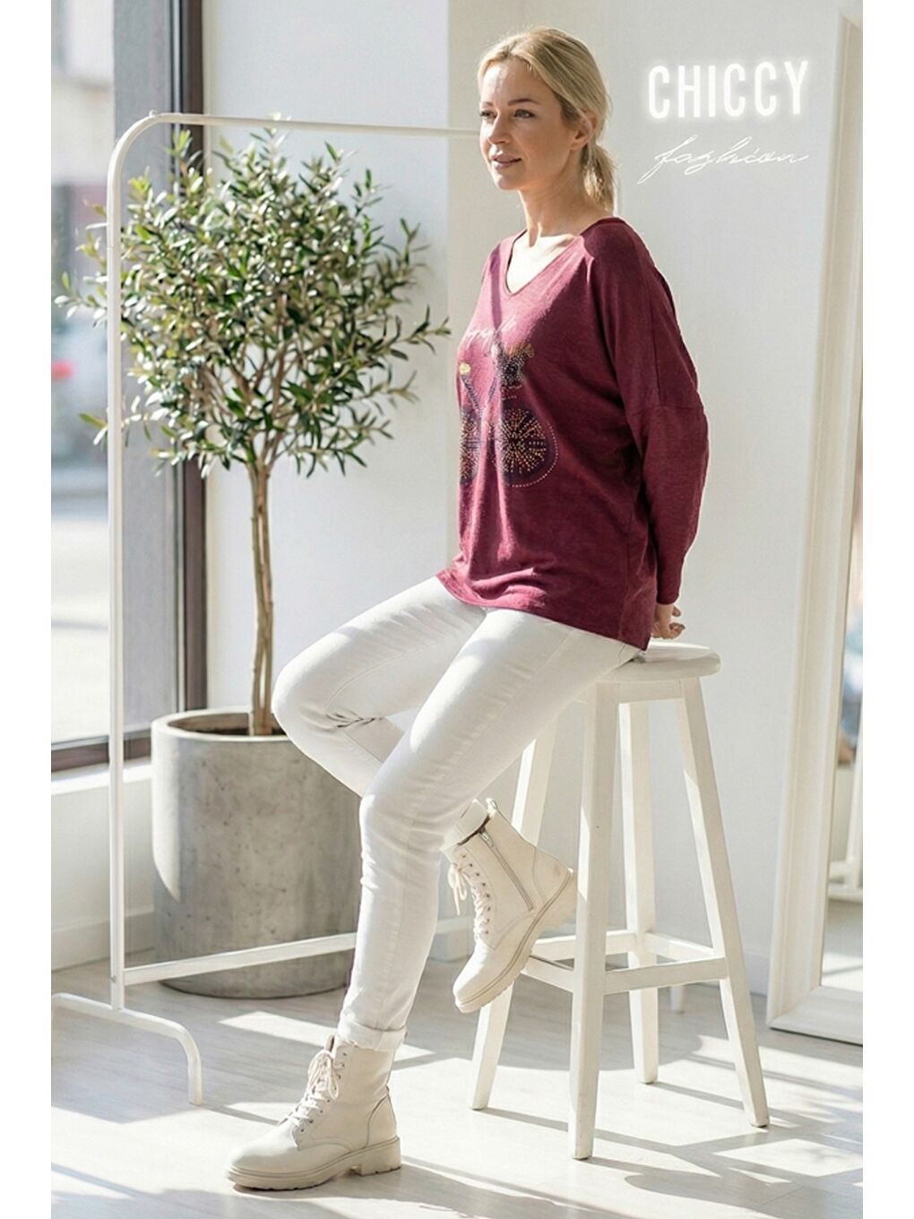 İtalyan Mürdüm Rengi V Yaka Uzun Kol Baskılı Casual Akrilik Oversize Triko Bluz 68 70-4