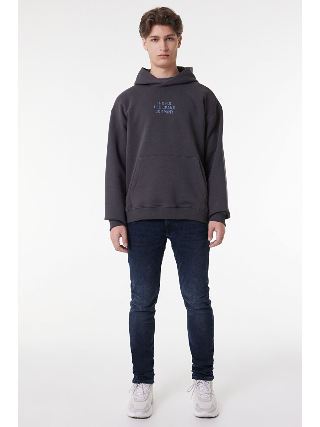 Siyah Relaxed Fit Geniş Kesim Kapüşonlu İçi Polarlı Sırt Baskılı Antrasit Sweatshirt-2