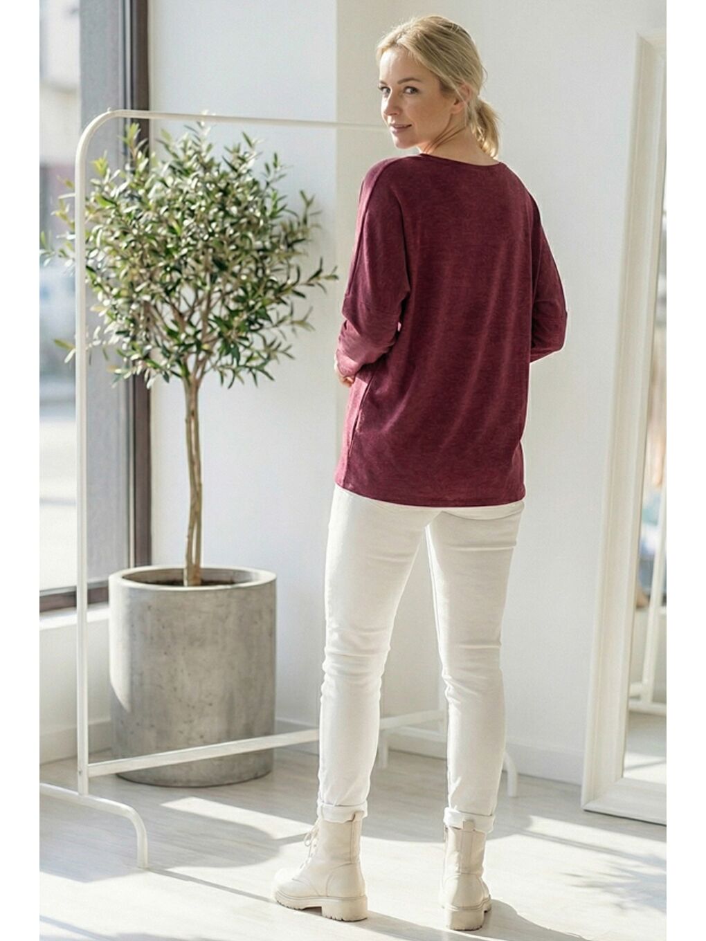 İtalyan Mürdüm Rengi V Yaka Uzun Kol Baskılı Casual Akrilik Oversize Triko Bluz 68 70-5