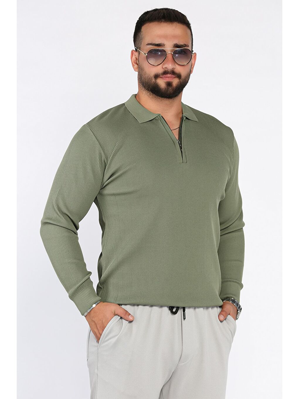 Haki Erkek Polo Yaka Çizgi Desenli Yarım Fermuarlı Triko Kazak