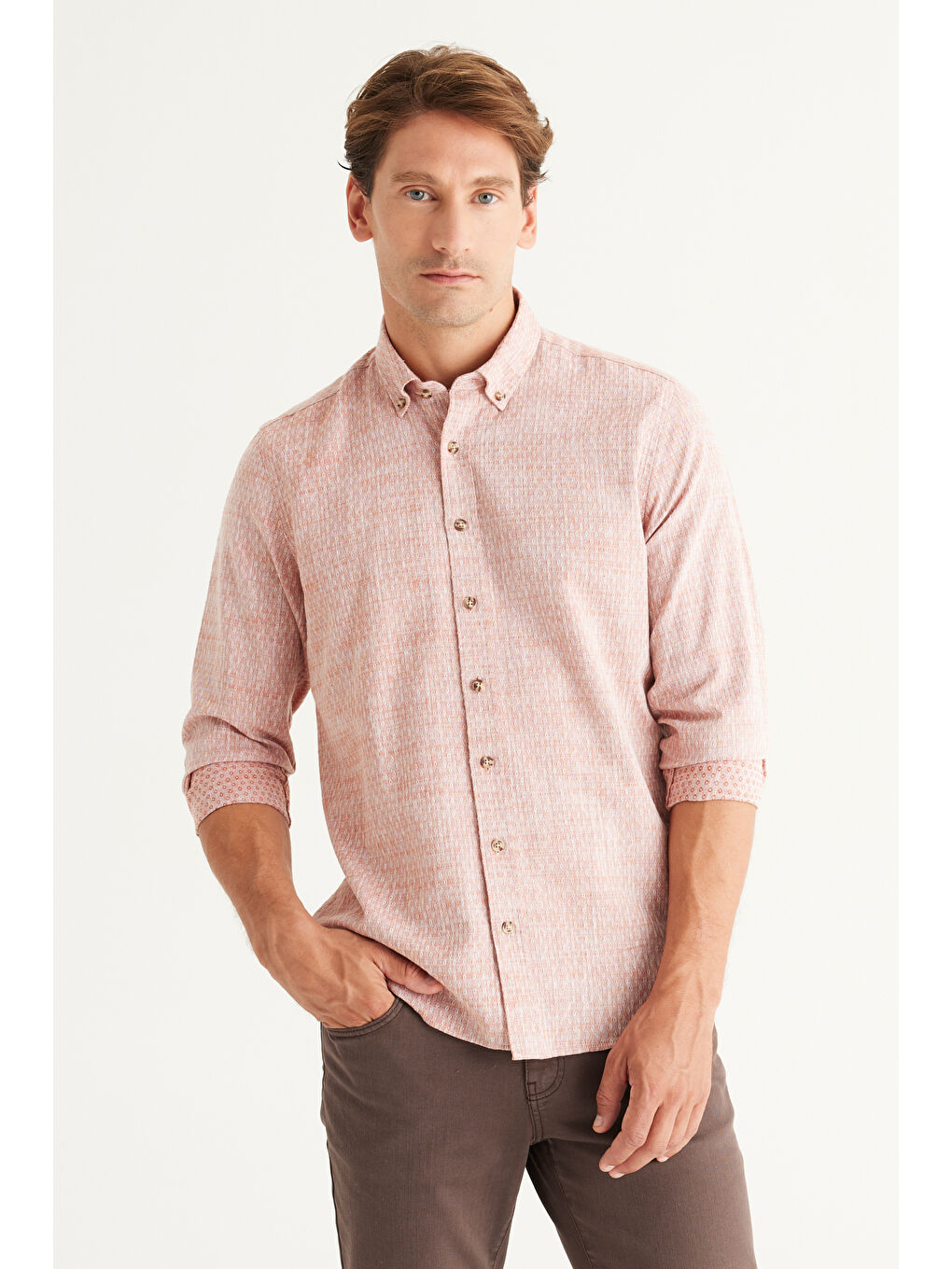 Erkek Kahverengi Slim Fit Dar Kesim %100 Pamuk Armürlü Düğmeli Yaka Casual Gömlek-5