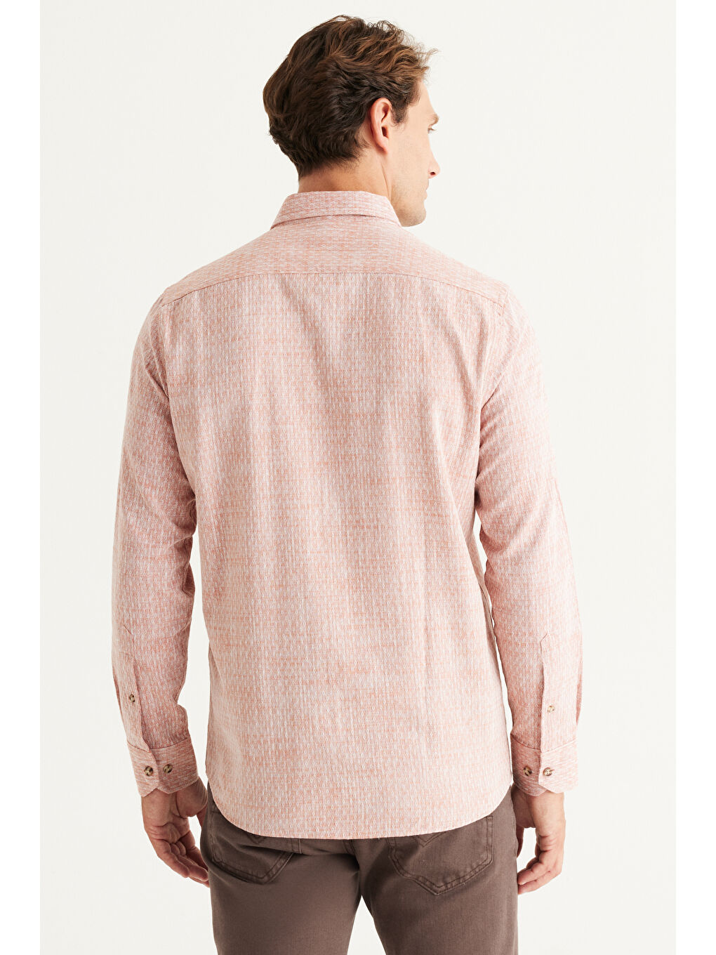 Erkek Kahverengi Slim Fit Dar Kesim %100 Pamuk Armürlü Düğmeli Yaka Casual Gömlek-6