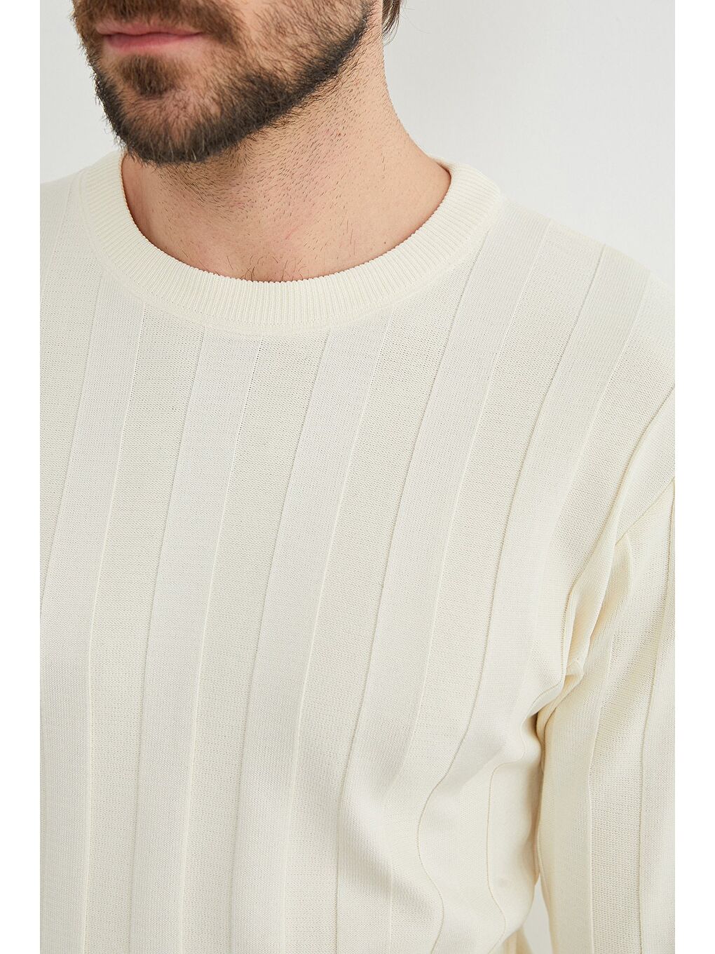 Ekru Şeritli Bisiklet Yaka İnce Triko Kazak-1