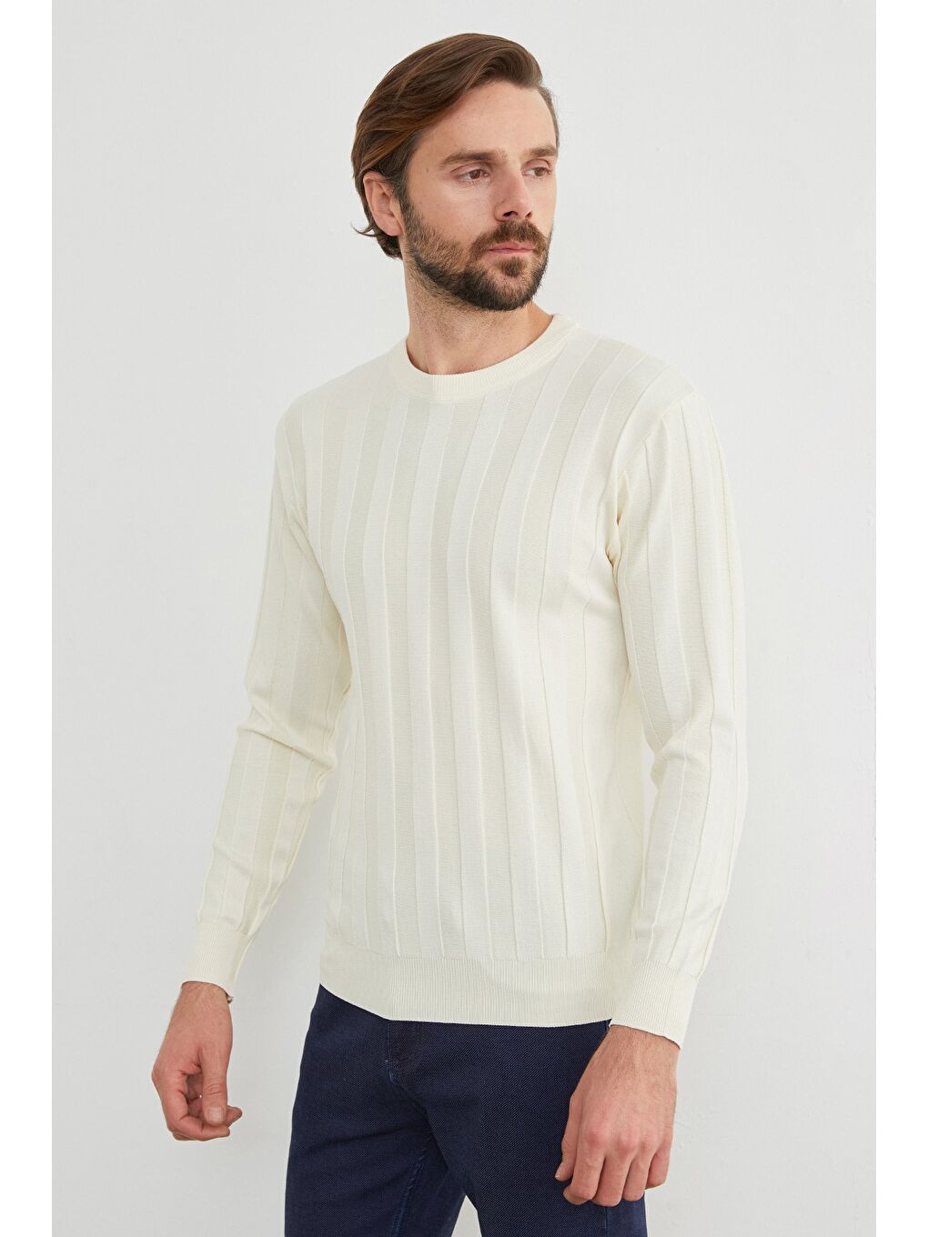 Ekru Şeritli Bisiklet Yaka İnce Triko Kazak-2