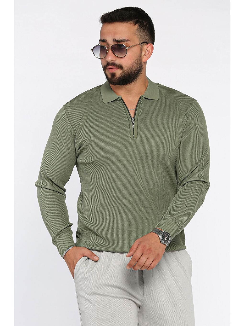 Haki Erkek Polo Yaka Çizgi Desenli Yarım Fermuarlı Triko Kazak-1