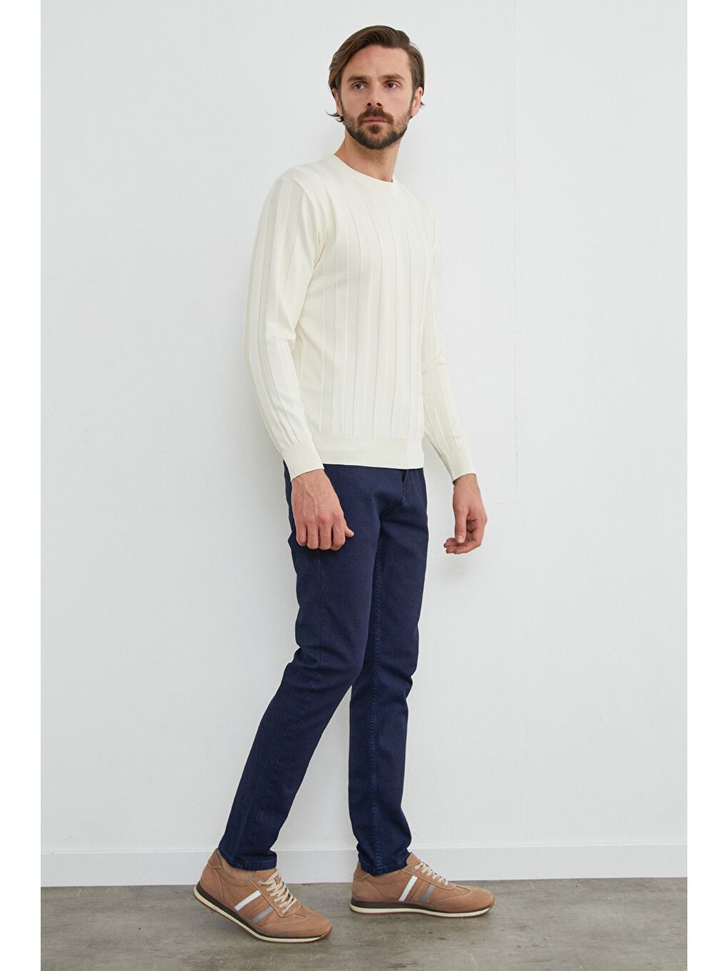 Ekru Şeritli Bisiklet Yaka İnce Triko Kazak-3