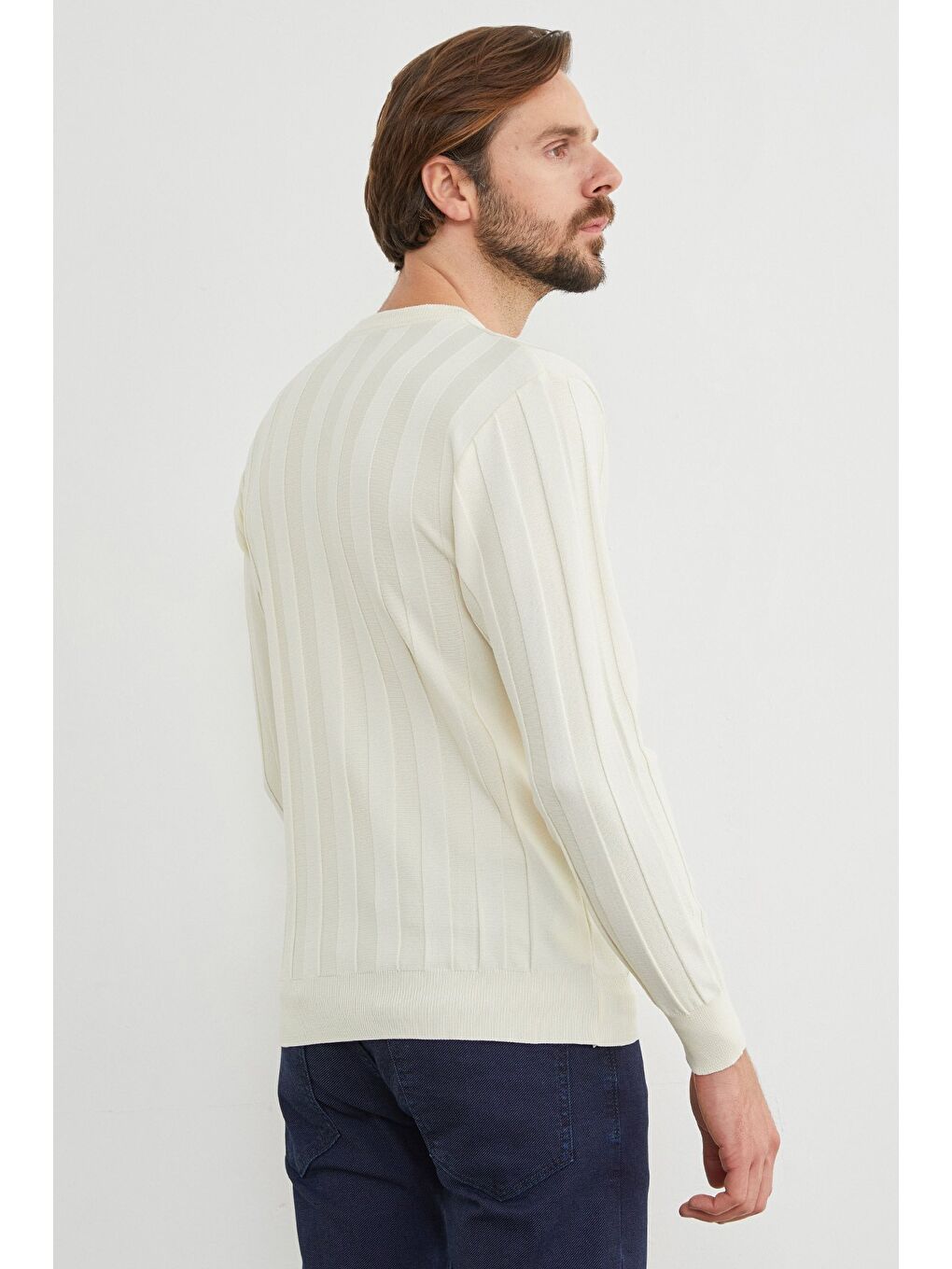 Ekru Şeritli Bisiklet Yaka İnce Triko Kazak-4