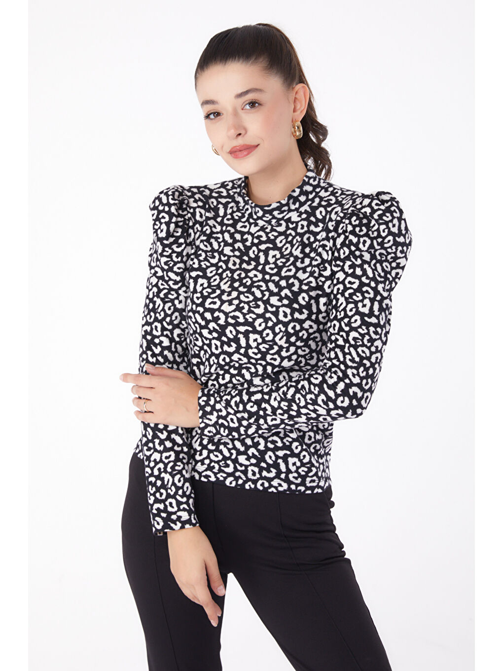 Leopar Desenli Bluz Siyah - 26217-1