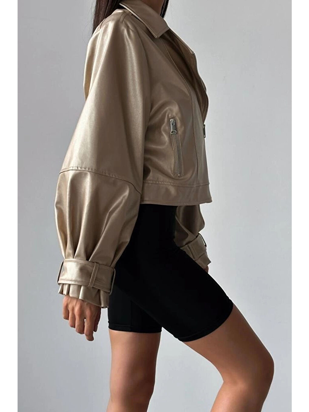 Kadın Bej Oversize Deri Ceket 0991-9999-1