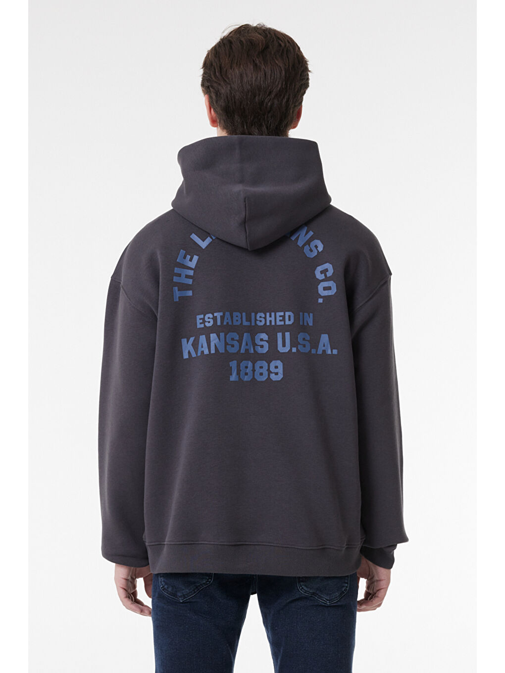 Siyah Relaxed Fit Geniş Kesim Kapüşonlu İçi Polarlı Sırt Baskılı Antrasit Sweatshirt-4