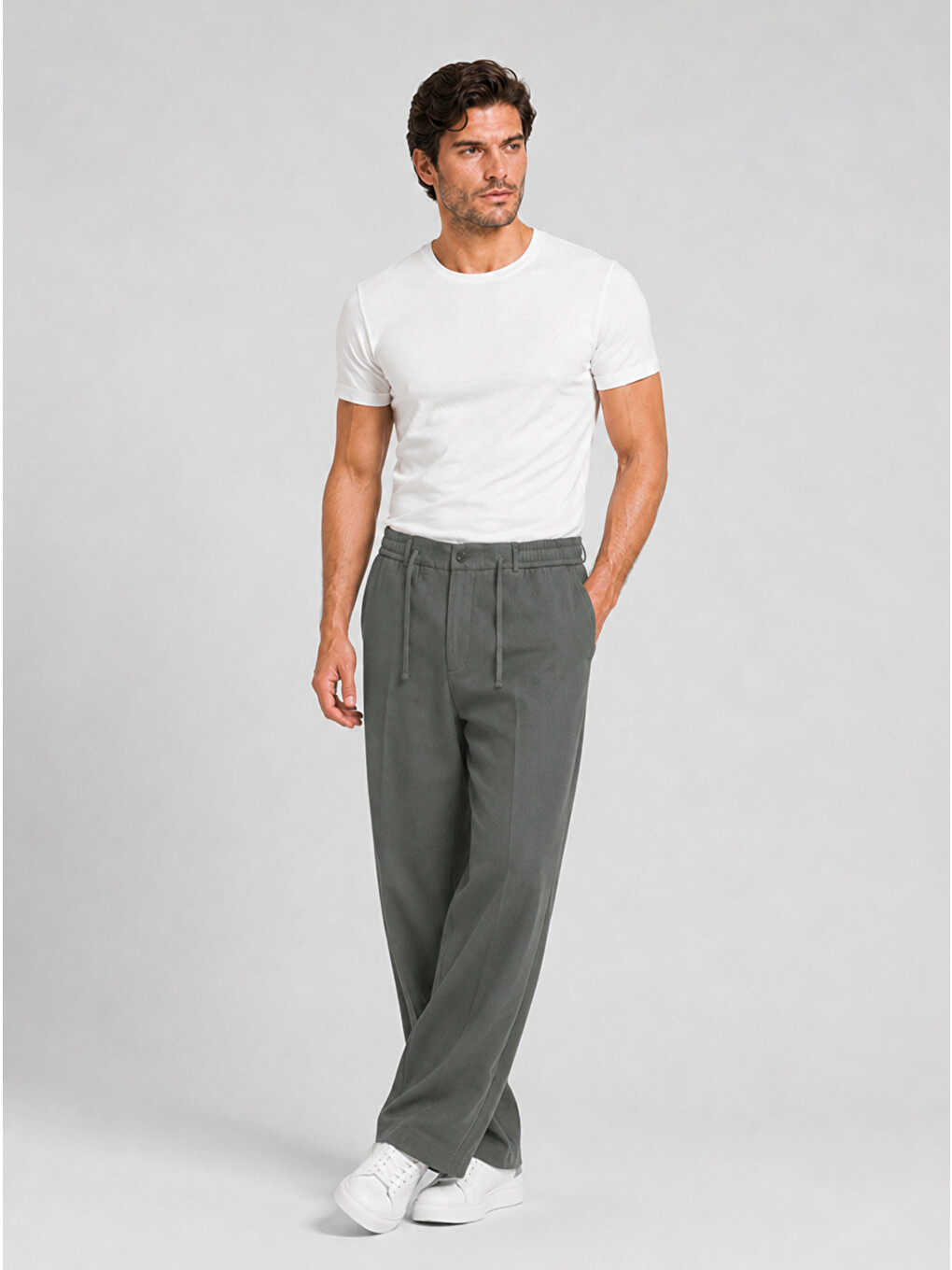 Erkek Haki Relax Fit Bağcıklı Baggy Pantolon-6