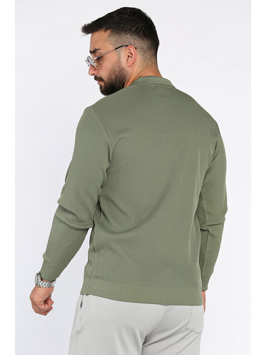 Haki Erkek Polo Yaka Çizgi Desenli Yarım Fermuarlı Triko Kazak-2